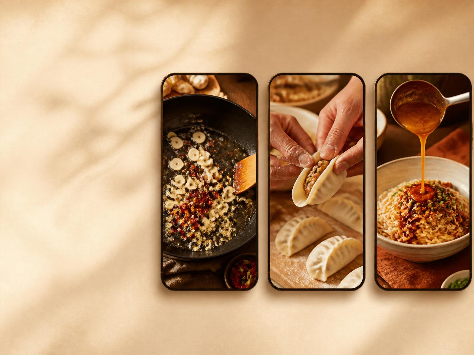 Overhead view of fresh ingredients arranged around a phone showing a short cooking clip